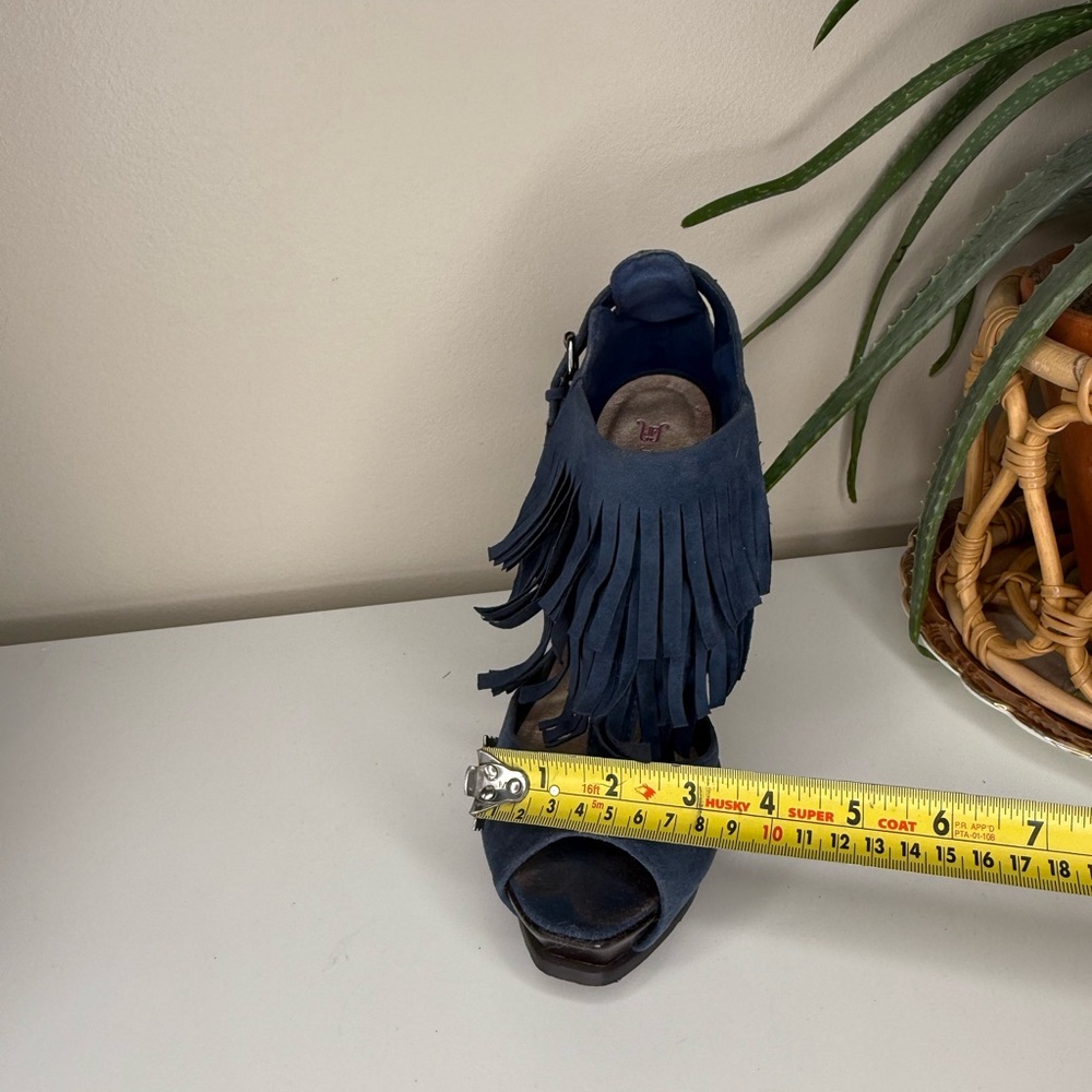 JustFab Blue Faux Suede Fringe Peep Toe High Heel Sandals Women’s Size 8.5 - Picture 6 of 9